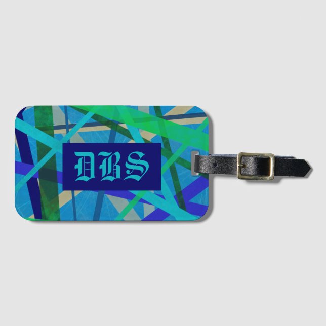 Blue & Green Geometric Pattern Monogram Luggage Tag (Front Horizontal)