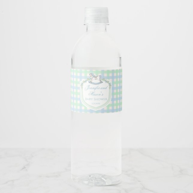 Blue green gingham rocking horse baby boy shower water bottle label (Front)