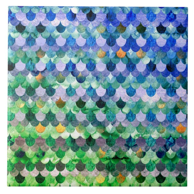 Blue Green Girly Mermaid Fish Scales Tile (Front)