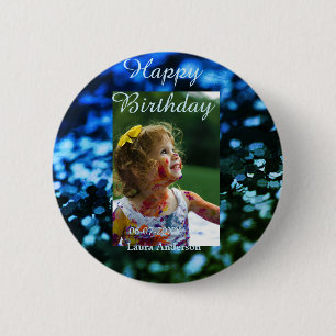Blue green glitter photo kids birthday modern rust 6 cm round badge