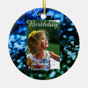 Blue green glitter photo kids birthday modern rust ceramic tree decoration