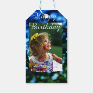 Blue green glitter photo kids birthday modern rust gift tags