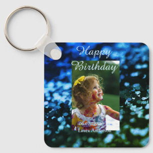 Blue green glitter photo kids birthday modern rust key ring