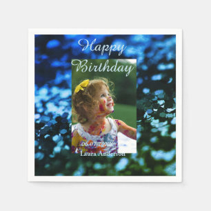 Blue green glitter photo kids birthday modern rust napkin