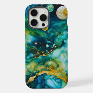 Blue Green Gold Alcohol Ink Cosmos iPhone 15 Pro Max Case