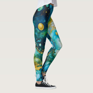 Blue Green Gold Alcohol Ink Cosmos Leggings