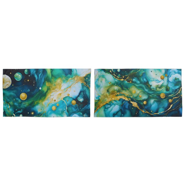 Blue Green Gold Alcohol Ink Cosmos Pillowcase (Front-Set)