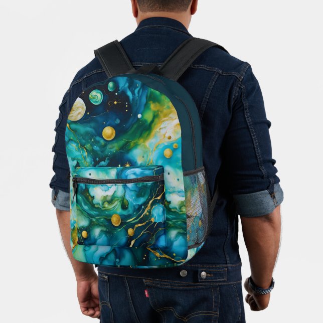 Blue Green Gold Alcohol Ink Cosmos Printed Backpack (Insitu (Model))