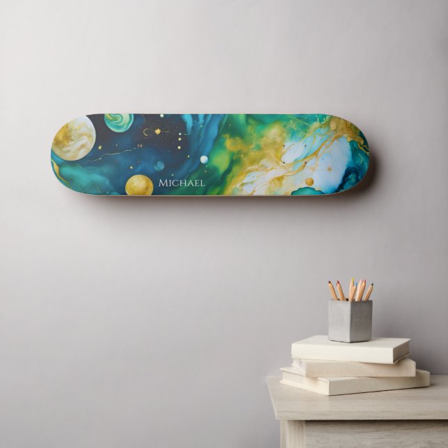 Blue Green Gold Alcohol Ink Cosmos Skateboard (Wall Art (Horz))