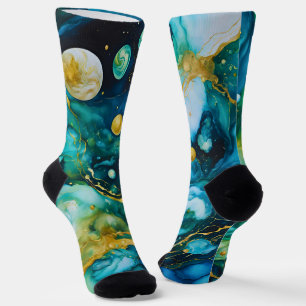 Blue Green Gold Alcohol Ink Cosmos Socks