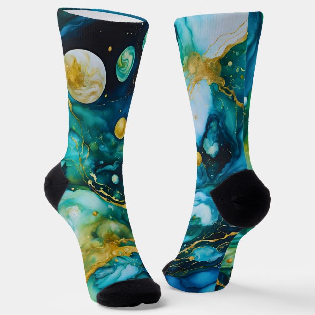 Blue Green Gold Alcohol Ink Cosmos Socks (Angled)