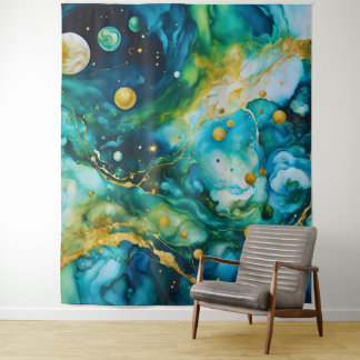 Blue Green Gold Alcohol Ink Cosmos Tapestry