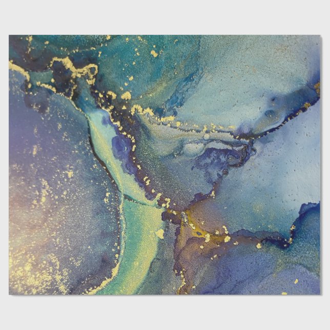 Blue Green Gold Alcohol Ink Liquid Abstract Art Wrapping Paper (Flat)
