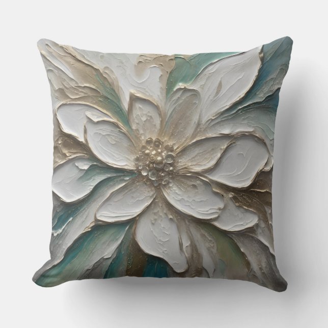 Blue Green Gold and White Abstract Flower Cushion (Front)
