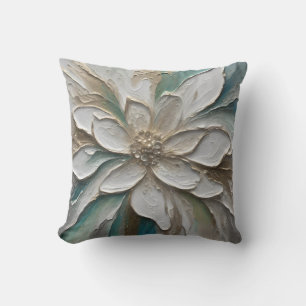 Blue Green Gold and White Abstract Flower Cushion
