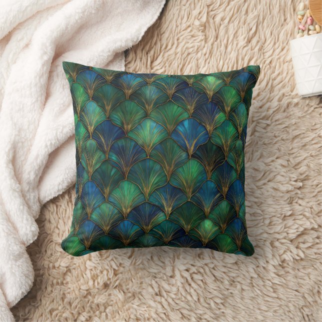 Blue Green Gold Art Deco Geometric Design Cushion (Blanket)