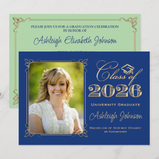Blue, Green, Gold Class of 2026 Photo Graduation Invitation