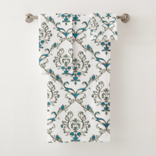 Blue Green Gold Floral Damask Towel Set