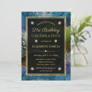 Blue, Green & Gold Glitter Agate 21st Birthday Invitation