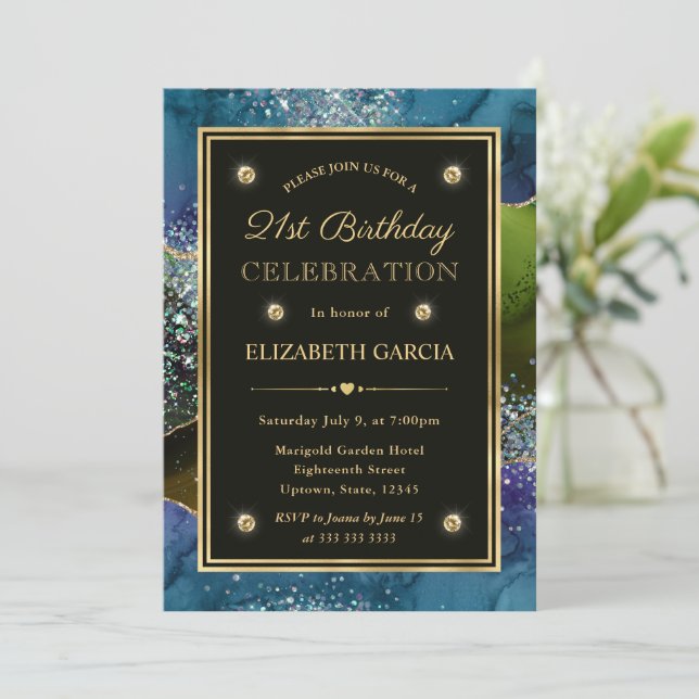 Blue, Green & Gold Glitter Agate 21st Birthday Invitation (Standing Front)