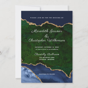 Blue Green Gold Glitter Agate Geode Wedding Invitation