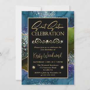 Blue & Green & Gold Glitter Agate Sweet Sixteen Invitation