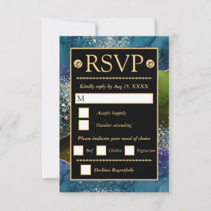 Blue Green Gold Glitter Agate Wedding RSVP Card