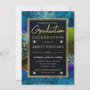 Blue Green & Gold Glitter Peacock Agate Graduation Invitation