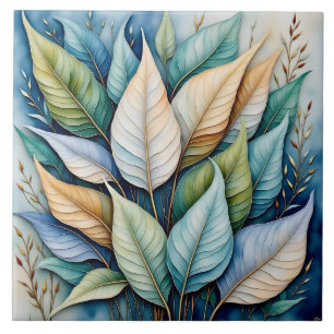 Blue Green gold latte Leaves Tile