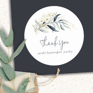 Blue Green Gold Leafy Botanical Floral Thank You Classic Round Sticker