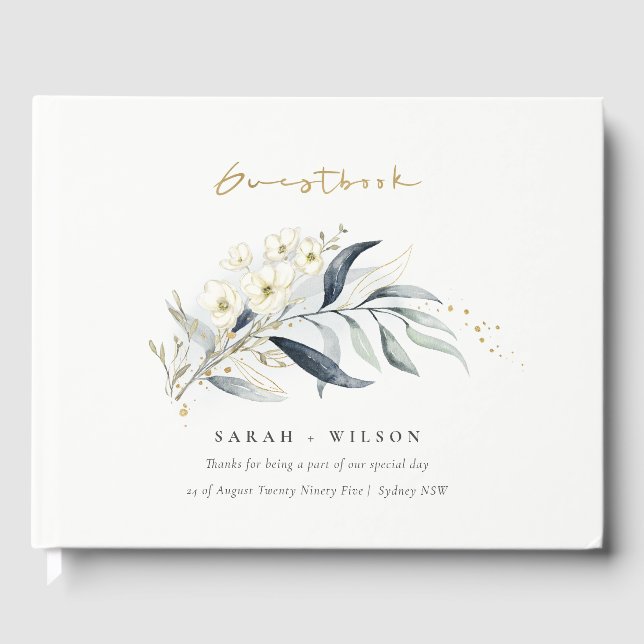Blue Green Gold Leafy Botanical Floral Wedding Guest Book (Front)