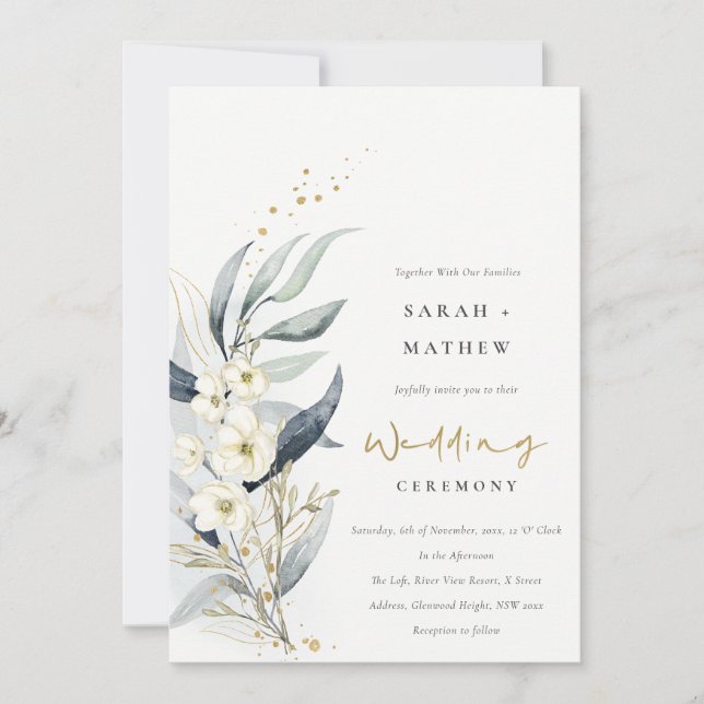 Blue Green Gold Leafy Botanical Floral Wedding Invitation (Front)