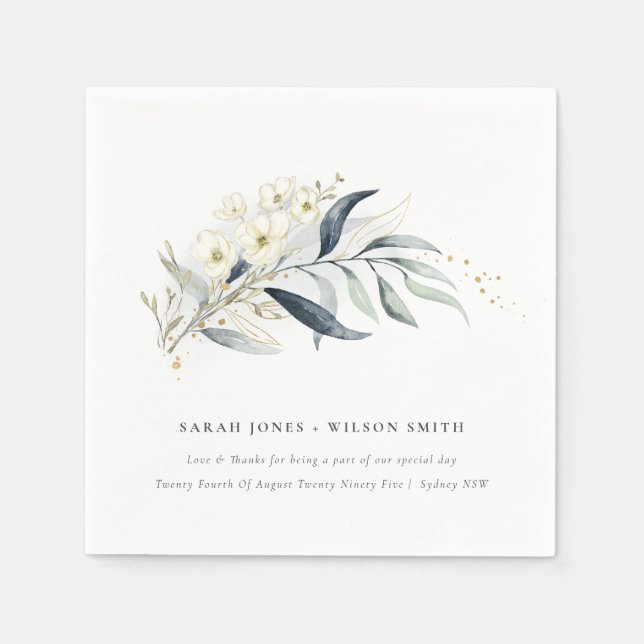 Blue Green Gold Leafy Botanical Floral Wedding Napkin (Front)