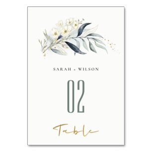 Blue Green Gold Leafy Botanical Floral Wedding Table Number