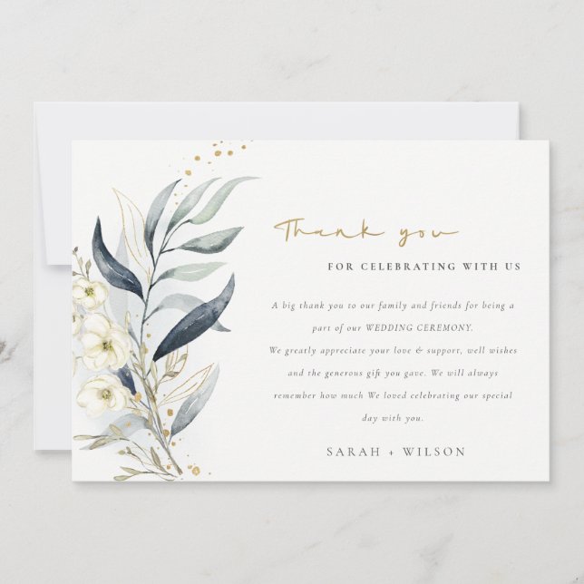 Blue Green Gold Leafy Botanical Floral Wedding Thank You Card (Front)