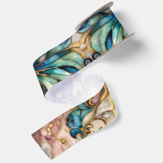 Blue Green Gold Leafy Garden Floral Paisley Motif  Satin Ribbon