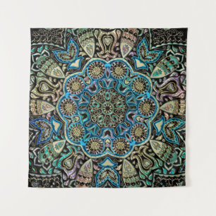 Blue Green Gold Mandala Wall Tapestry