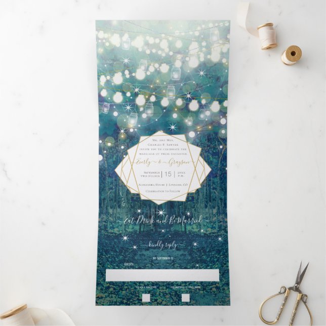 Blue Green Gold Rustic Chic Forest Wedding Tri-Fold Invitation (Inside)