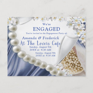 Blue,Green,Gold Silk & Ivory Pearls Engagement Invitation Postcard