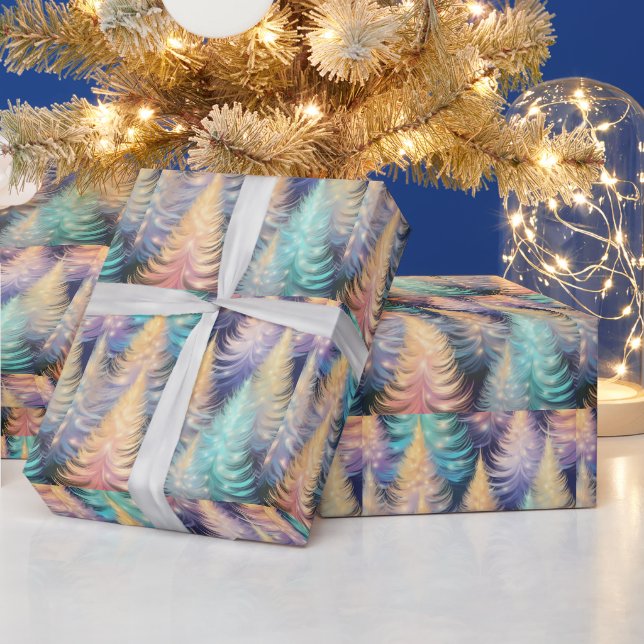 Blue Green Gold Trees Modern Christmas Wrapping Paper (Holidays)