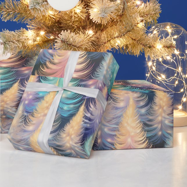 Blue Green Gold Trees Modern Christmas Wrapping Paper (Holidays)