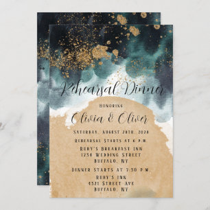 Blue Green Gold Watercolor Agate Rehearsal Dinner Invitation