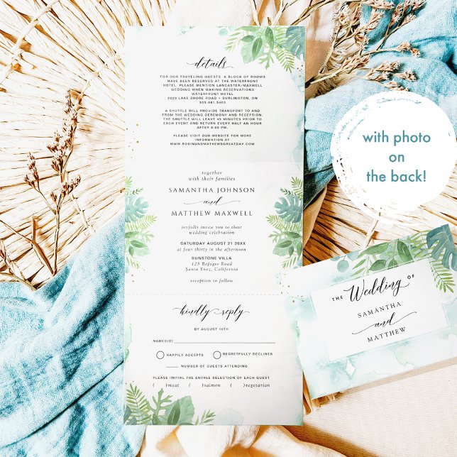 Blue Green Greenery with RSVP, Photo Wedding  Tri-Fold Invitation (Creator Uploaded)