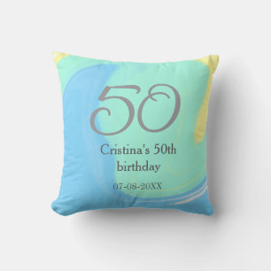 Blue green grey 50th birthday add name date retro cushion