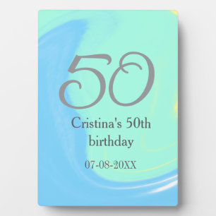 Blue green grey 50th birthday add name date retro plaque