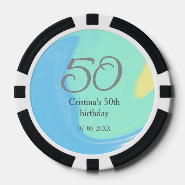Blue green grey 50th birthday add name date retro poker chips (Front)