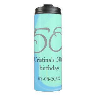 Blue green grey 50th birthday add name date retro thermal tumbler