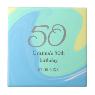 Blue green grey 50th birthday add name date retro tile