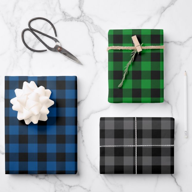 Blue Green & Grey Buffalo Plaid Wrapping Paper Sheet (Front)
