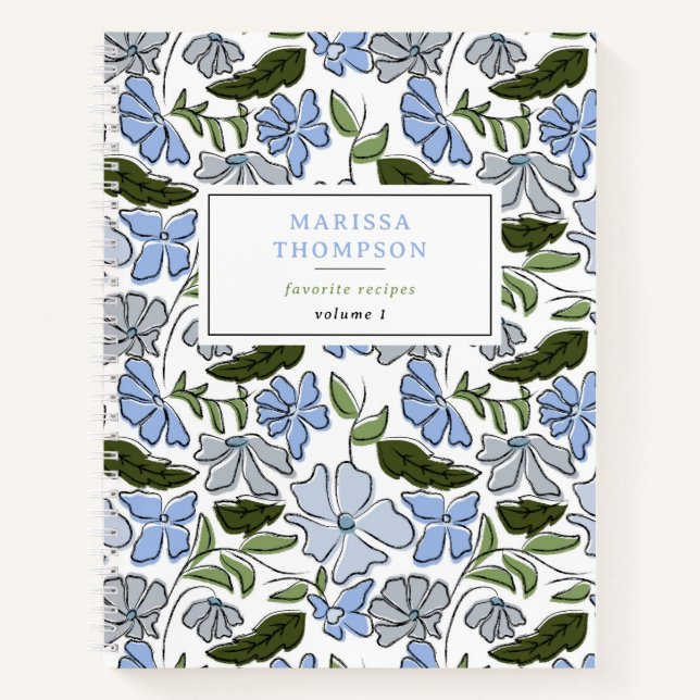 Blue & Green Hand Drawn Floral Block Print Recipe Notebook (Front)